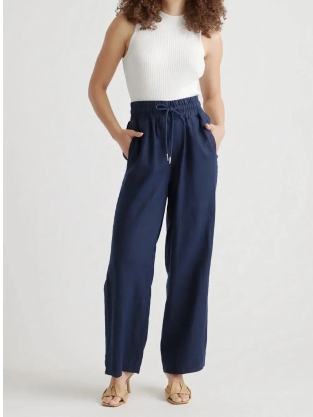 Quince European Linen Wide Leg Pants in Deep Navy Blue Womens Size Large